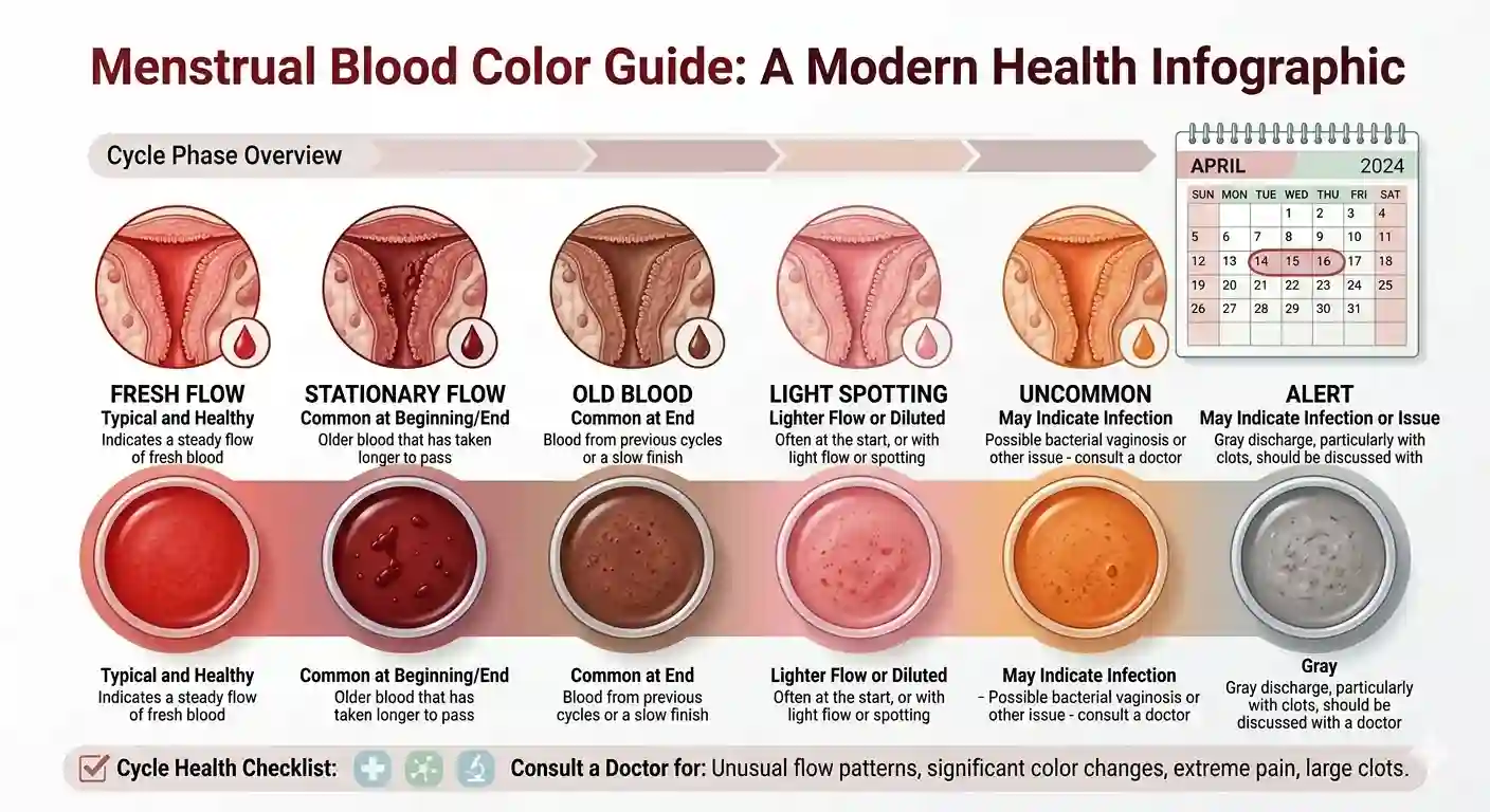 menstrual blood colors, period blood meaning, healthy period signs, menstrual health 2026, period color chart, hormonal imbalance symptoms, abnormal period blood, women health awareness