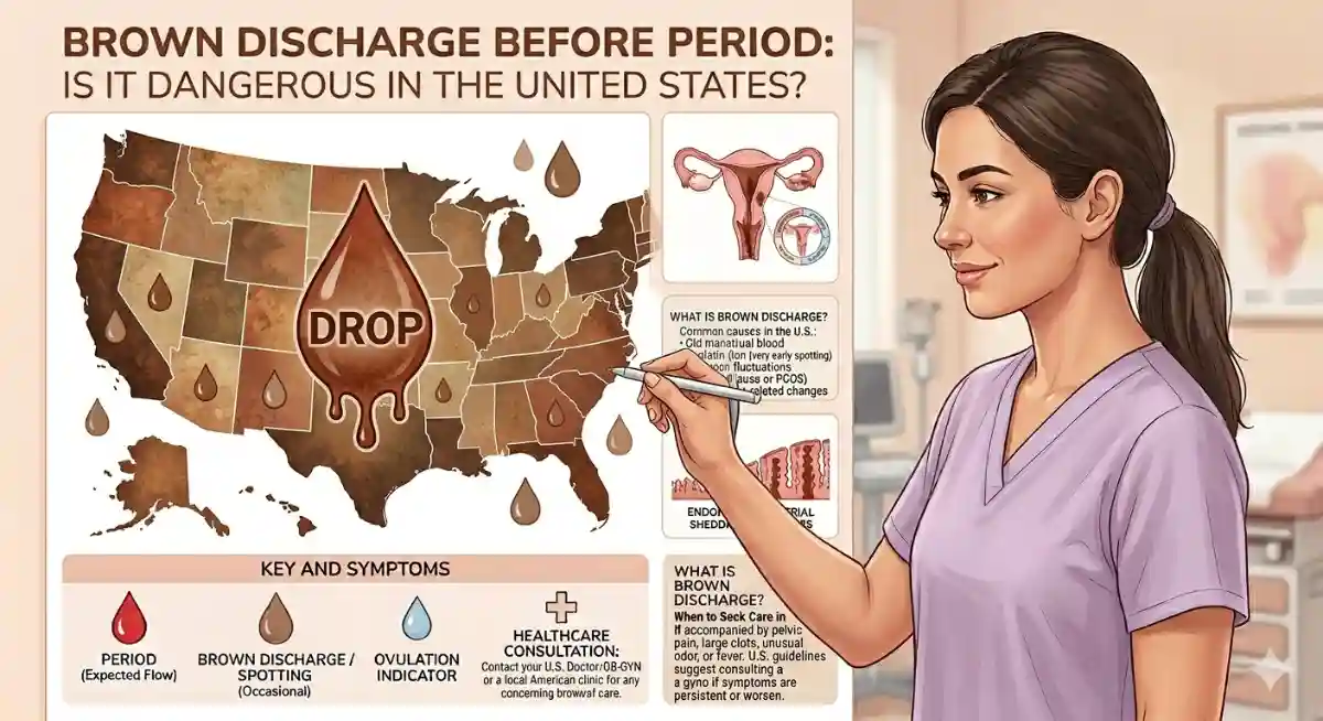 brown discharge before period, is brown discharge dangerous, vaginal discharge before menstruation, brown spotting causes, menstrual cycle health, implantation bleeding symptoms, hormonal imbalance discharge, period health USA