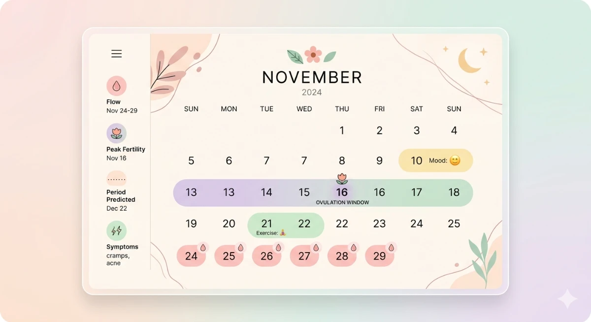 period calculator between two dates, menstrual cycle calculator, ovulation predictor, period tracking, fertility calculator, cycle length calculator, irregular periods tracker