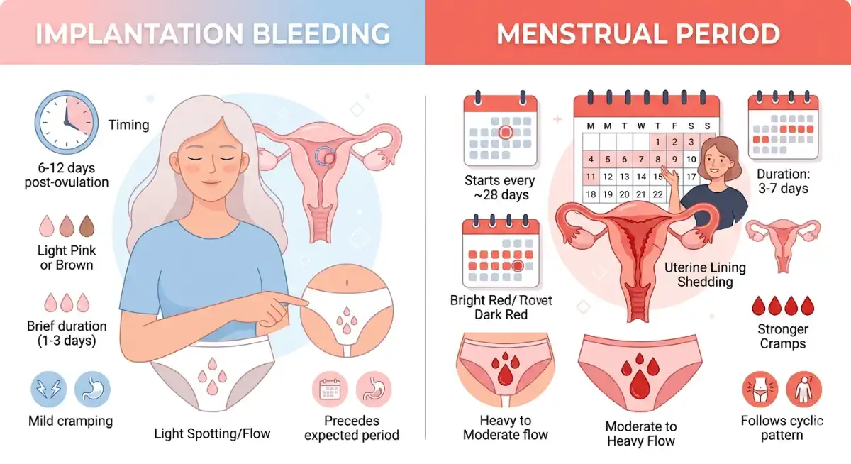 implantation bleeding vs period, key differences implantation bleeding and period, early pregnancy signs, implantation symptoms, period vs pregnancy bleeding, spotting before period, implantation cramps, light bleeding pregnancy, menstrual cycle symptoms, pregnancy spotting vs period, how to identify implantation bleeding, early pregnancy spotting signs, ovulation and implantation timeline, pregnancy symptoms before missed period, implantation bleeding duration, difference between spotting and period, signs of early pregnancy, women health awareness, fertility and conception signs, pregnancy test timing