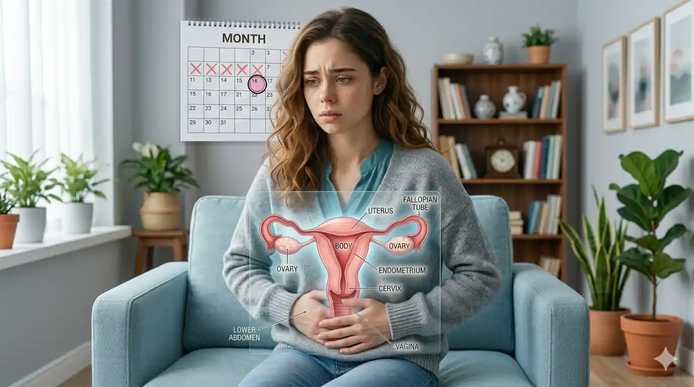 "Creative conceptual image of a wall calendar with dates fading or shifting, a woman looking worried in the foreground, soft shadows, symbolic representation of delayed menstruation, minimalistic yet emotional, high detail, cinematic lighting"